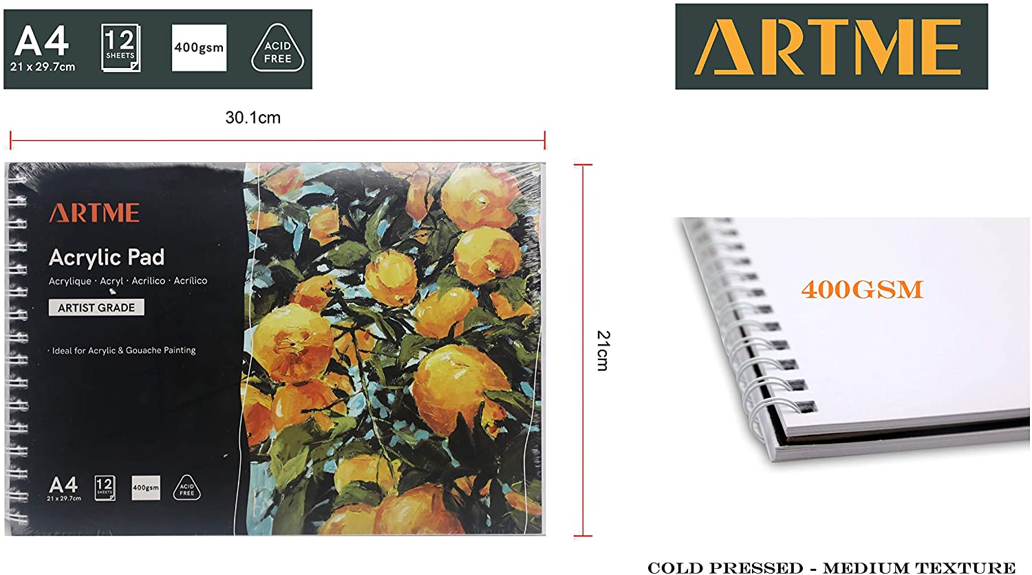 ARTME A4 Acrylic Pad 12 Sheets 400gsm - 1pk