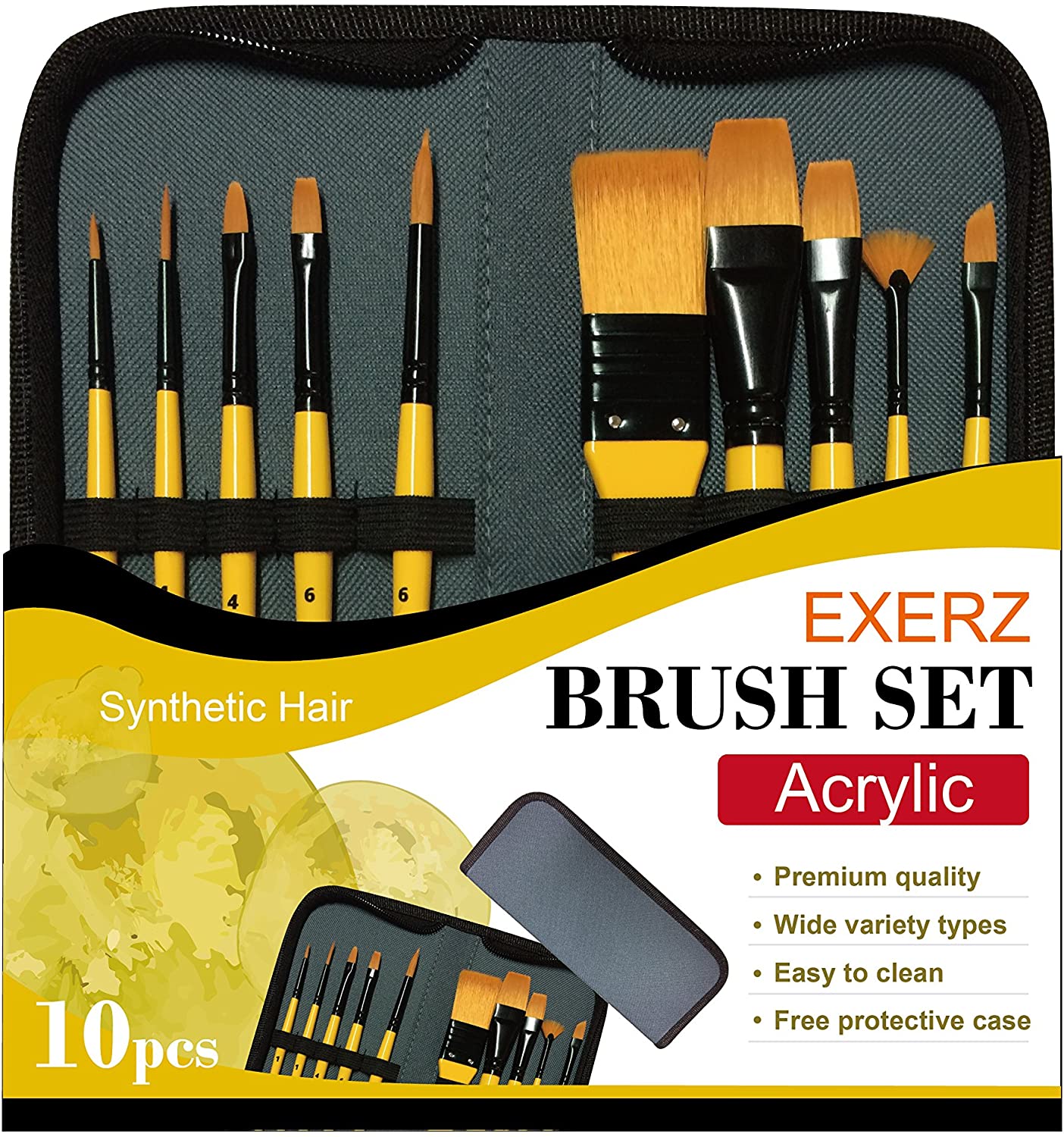 Exerz Artist Acrylic Paint Brush Set 10 pcs Synthetic Hair in a Case- Perfect for Acrylic Watercolour Gouache & Face Paint - Acrylic