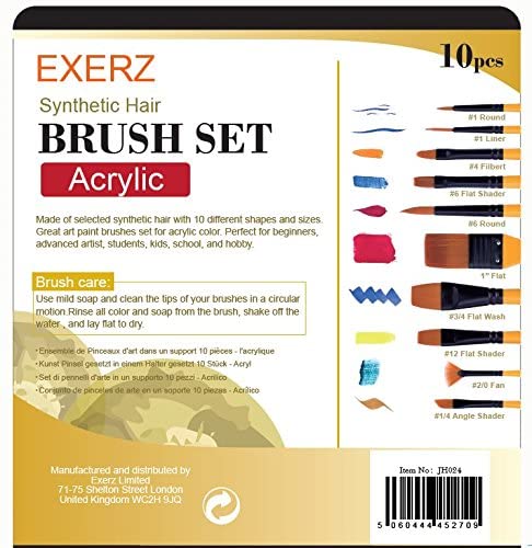 Exerz Artist Acrylic Paint Brush Set 10 pcs Synthetic Hair in a Case- Perfect for Acrylic Watercolour Gouache & Face Paint - Acrylic