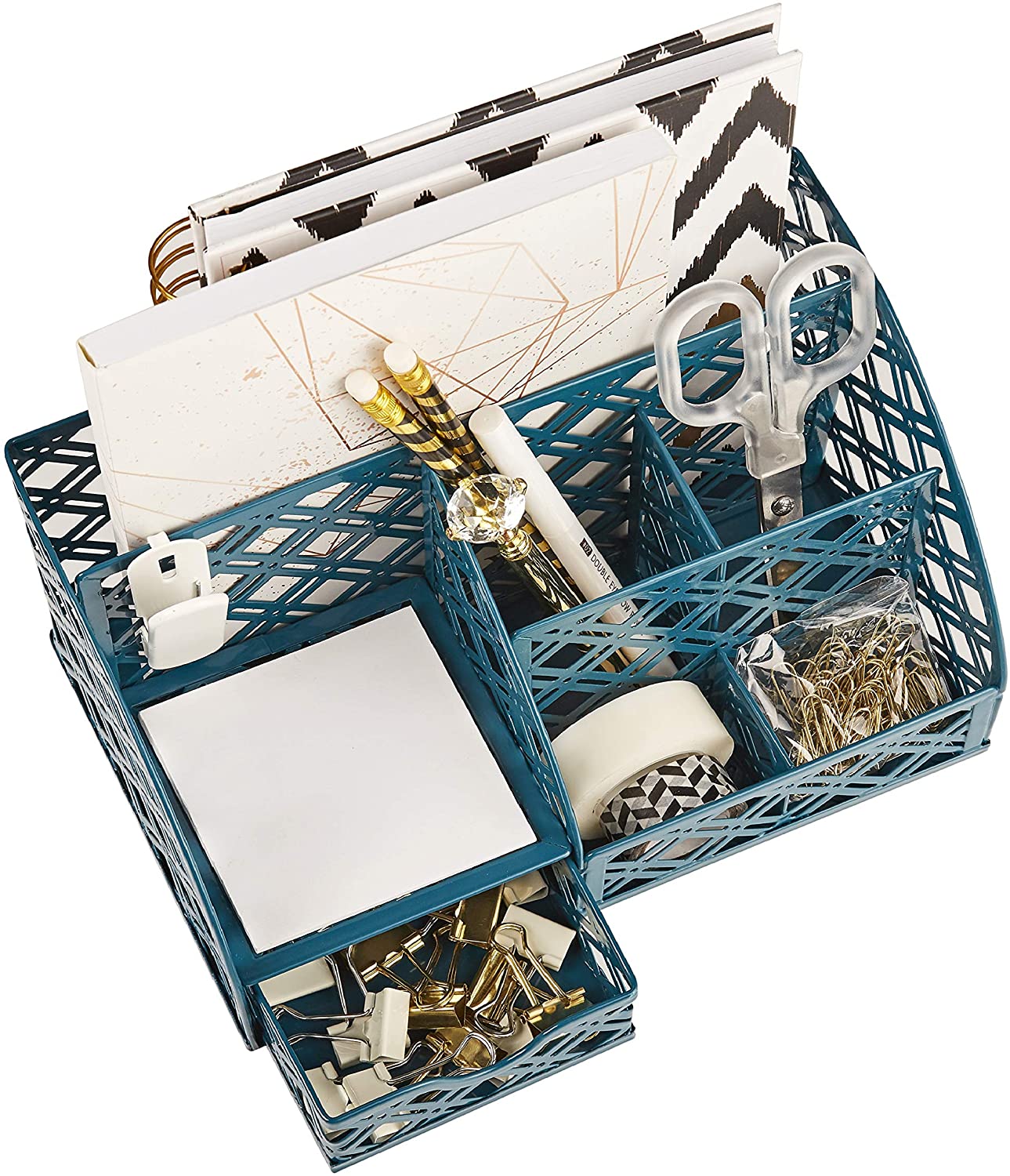 EXERZ Desk Organiser with 7 Compartments -Mesh Desk Tidy Caddy - Aegean Blue