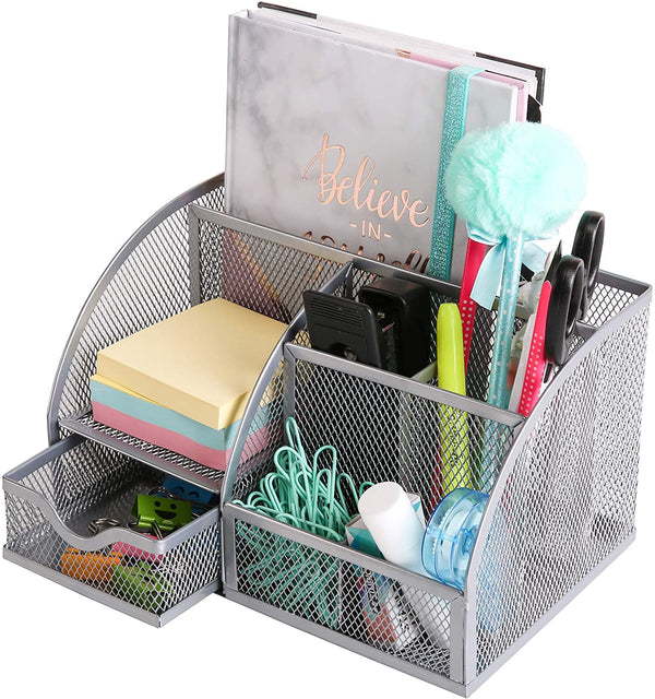 EXERZ Desk Organiser with 7 Compartments -Mesh Desk Tidy Caddy - Silver