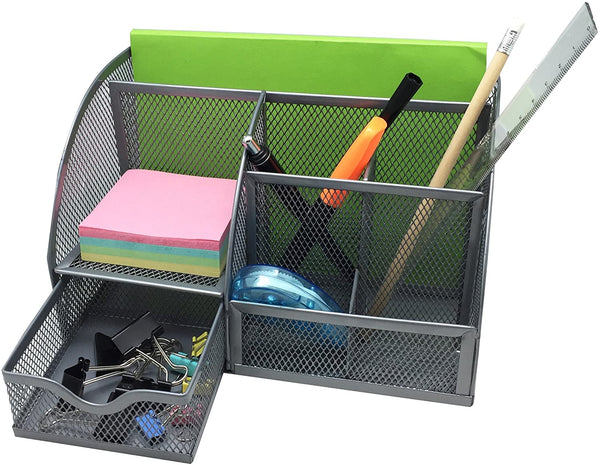 EXERZ Desk Organiser with 7 Compartments -Mesh Desk Tidy Caddy - Silver