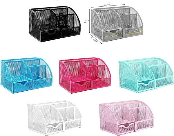 EXERZ Desk Organiser with 7 Compartments -Mesh Desk Tidy Caddy - Light Pink