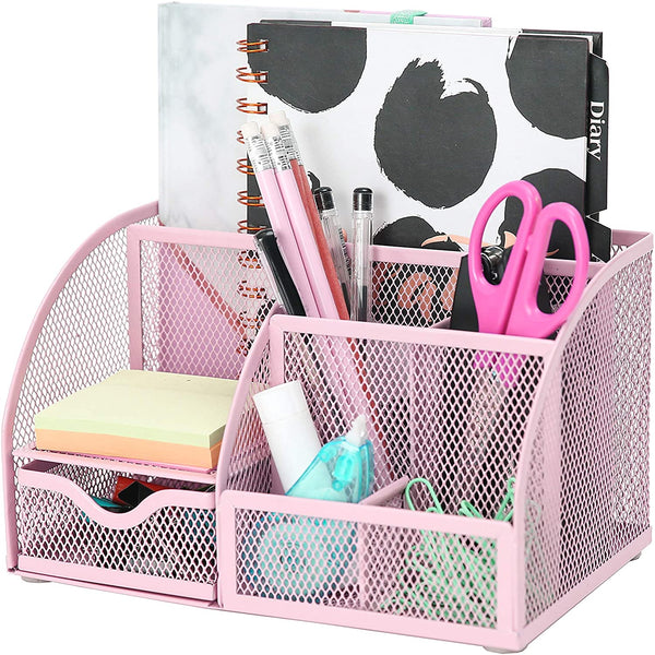 EXERZ Desk Organiser with 7 Compartments -Mesh Desk Tidy Caddy - Light Pink