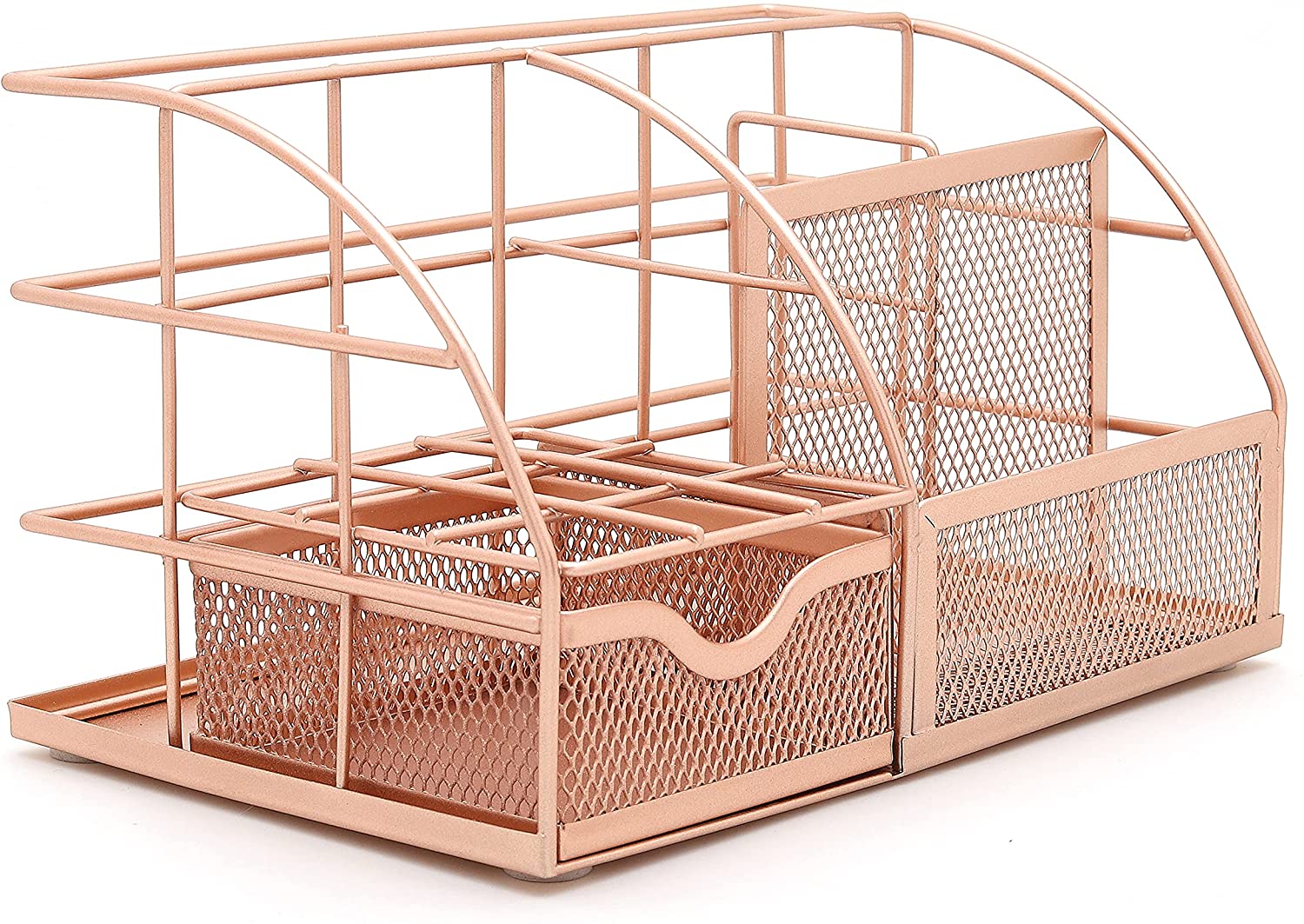EXERZ Desk Organiser with 7 Compartments -Mesh Desk Tidy Caddy - Rose Gold