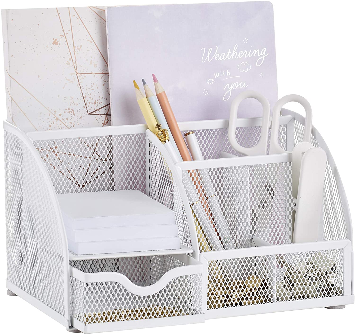 EXERZ Desk Organiser with 7 Compartments -Mesh Desk Tidy Caddy - White