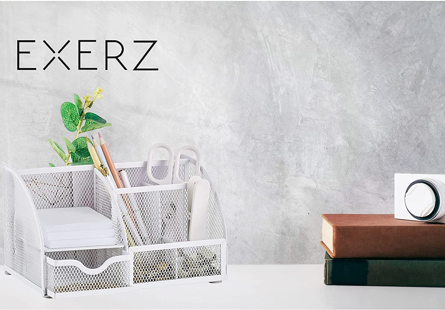 EXERZ Desk Organiser with 7 Compartments -Mesh Desk Tidy Caddy - White
