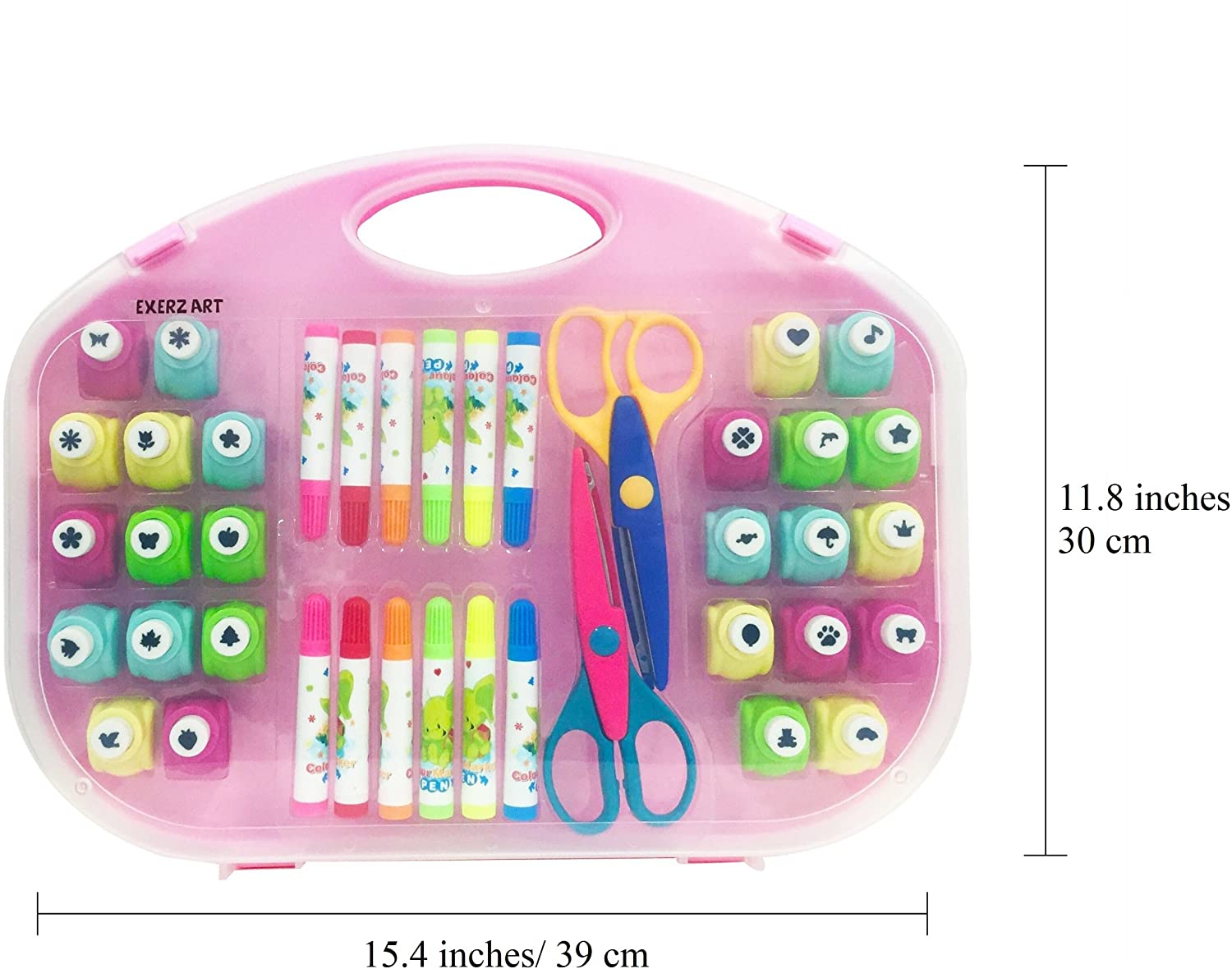 EXERZ Paper Punch Set 40pcs in a Storage Box Including Punches, Craft Scissors, Color Pens -Pink