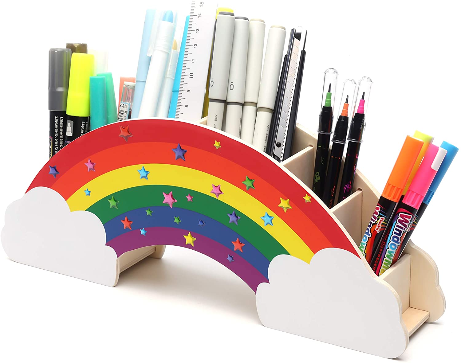 EXERZ Rainbow Pencil Holder + 50pcs Star Stickers - Wooden Desk Organiser