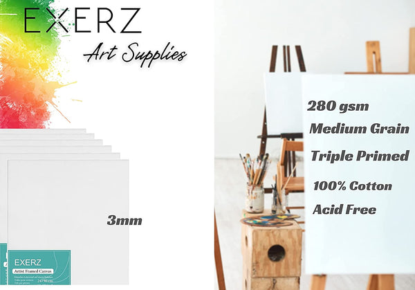 Exerz 30x30cm Canvas Panels 6pcs - 3mm 280gsm 100% Cotton -Square Shape Blank Artist Canvas Board